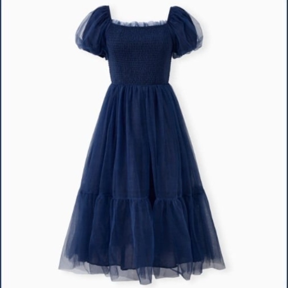 Elegant Shirred Bodice Puff Sleeves Navy Blue Tulle Mesh Women Dress
